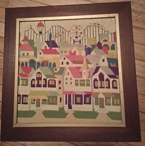 Vintage Framed Needlepoint Village Scene in Pastel Colors